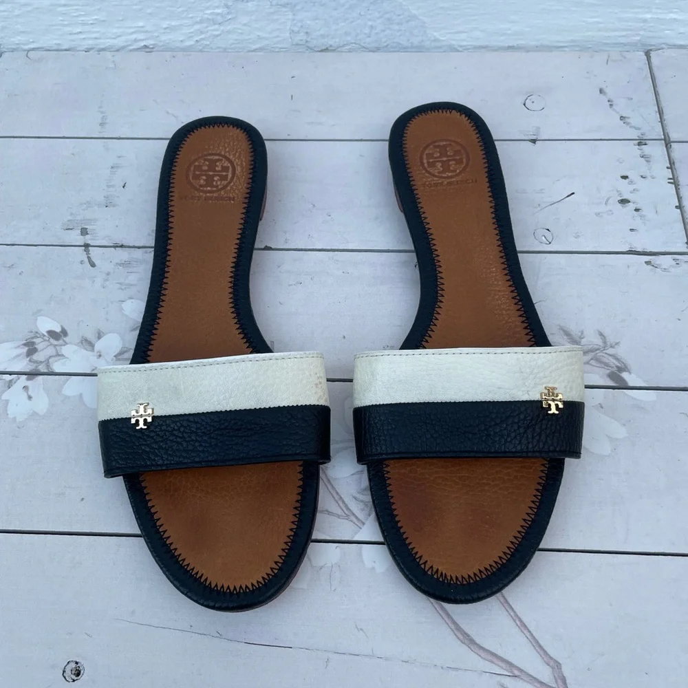 Tory Burch Black and White Leather Slide Mules